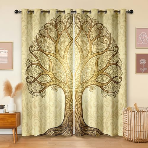 Havenix Lebensbaum Ornament Vorhänge Wohnzimmer Blickdichte Braun Gold Baum des Lebens Gardinen mit ösen Thermo Vorhang Gegen Kälte Verdunklungsvorhänge für Schlafzimmer 2er Set H 220 x B 140 cm