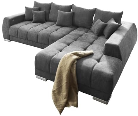 Home4You Ecksofa - 300 x 225 cm - Dunkelgrau - Webstoff - elektr. Sitztiefenverstellung