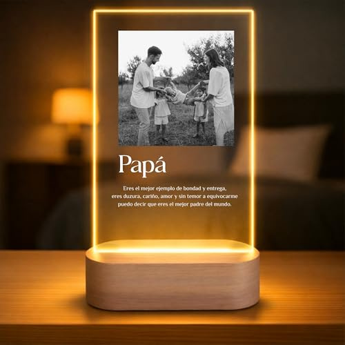 Lámpara Personalizada para Papá con Foto y Mensaje – Regalo Día del Padre Original con Luz LED en Placa de Metacrilato y Base de Madera Grabable Opcional