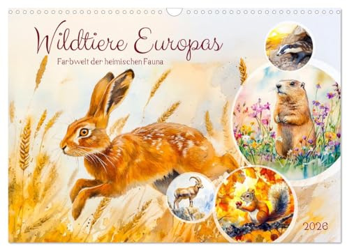 Wildtiere Europas - Farbwelt der heimischen Fauna (Wandkalender 2026 DIN A3 quer), CALVENDO Monatskalender: Entdecken Sie die magische Tierwelt in bezaubernden KI-Aquarellen (CALVENDO Tiere)