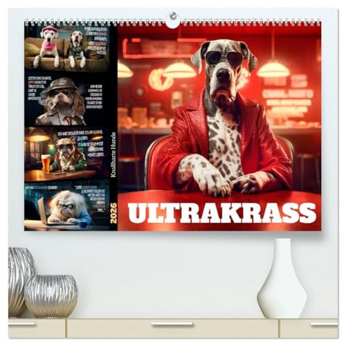 ULTRAKRASS Knallharte Hunde (hochwertiger Premium Wandkalender 2026 DIN A2 quer), Kunstdruck in Hochglanz: Ironische Vierbeiner (CALVENDO Spass)