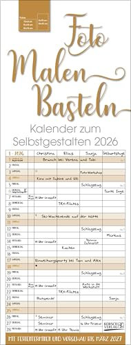 Foto-Malen-Basteln Familientimer gold 2026: Familienplaner mit 4 Spalten als Fotokalender zum Selbstgestalten. Familienkalender mit Ferienterminen und festem Bastelpapier.
