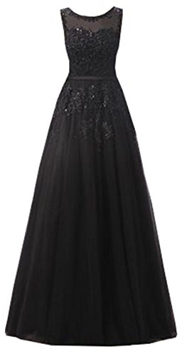 Ever Love A-Linie Lang Spitze T¨¹ll R¨¹ckenfrei Abendkleid Ballkleid Hochzeit Brautjungfernkleid mit Tr?ger Black-42