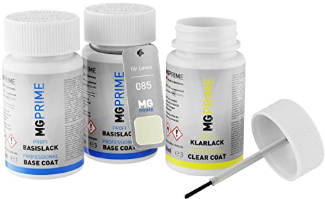 MG PRIME Peinture voiture Stylos retouche pour Lexus 085 Sonic Quartz +1K | Eminent White Pearl, Kit peinture de fond + base + vernis, flacons de peinture avec pinceau, 50ml chacun