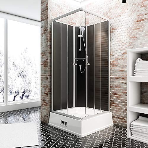 Schulte EP193506 Wellnesskabine Korfu II mit Boiler und Pumpe, 95 x 95 cm, 5 mm Sicherheits-Glas klar hell, Profile alu-natur, Rückwände schwarz, Duschwanne weiß