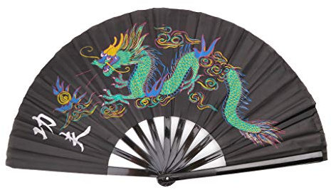 Mentin Éventail Chinois en Motif de Dragon Idéal pour la Pratique du Tai chi/Danse, Taiji Kung-fu (Noir)