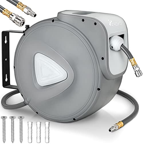 TRESKO® Avvolgitubo Aria Compressa 30 mt con Tubo | Avvolgitubo Pneumatico attacco 1/4 | Dispositivo di Arresto Automatico e Riavvolgitore Automatico, Grigio