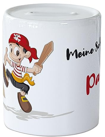GRAZDesign Spardose Name personalisiert | Pirat | für Kinder als Geschenk zur Taufe, Geburt, Kommunion, Konfirmation, Sparschwein Geldgeschenk, Keramik Weiß mit Motiv, für Jungen und Mädchen
