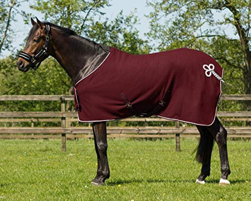 QHP Fleecedecke Abschwitzdecke Brustlatz Ornament Kontrast-Einfassung Kreuzgurte (125 cm, Bordeaux/Silber)