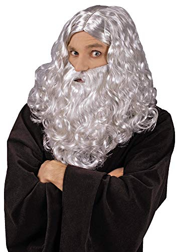 Zauberer Perücke Merlin mit Bart - Silber Grau - Tolles Set für Herren ideal zum Kostüm als Magier, Waldschrat, Zwerg, Hexer zu Halloween und Fasching
