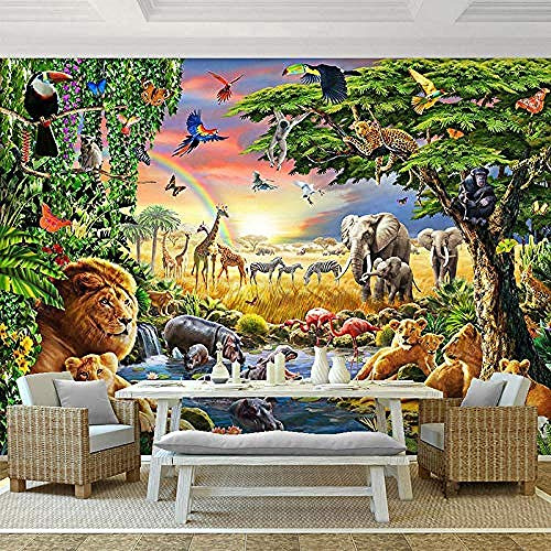 3D Tapete Regenbogen Himmelgrün Wald Tier Elefant Löwe Ölgemälde Foto Wandbild Wohnzimmer Kinderzimmer Wandbild Tapete wandpapier fototapete 3d effekt tapeten Wohnzimmer Schlafzimmer-350cm×256cm