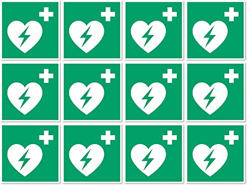 Automatisierter Externer Defibrillator (AED), Rettungszeichen: E010 - DIN EN ISO 7010 / ASR A1.3 - Aufkleber: 2,5 cm, 12 Stück
