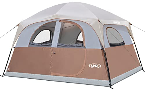 UNP Hauszelt 6 Personen Wasserdicht, Wasserdicht, WindbestäNdig, Einfach Aufzubauen, Doppelwandige Familienzelte Mit Netzfenstern, 300 X 270 X 200 cm (Khaki-Braun)