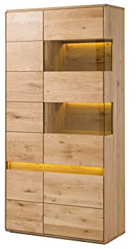 MASSIVMOEBEL24.DE | Cardiff Vitrine aus Massivholz inkl. LED-Beleuchtung #110 | Wildeichenholz - Natur, geölt | mit 13 Fächern | 103 x 43,5 x 207 cm | Holzvitrine Standvitrine