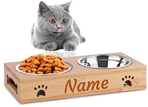 OXYEFEI Gamelle Chat Personnalisé avec Prénom, Gamelle Double pour Chat et Petit Chien avec Base en Bambou Antidérapant, Gamelle chat en Acier Inoxydable Facile à nettoyer, 250 ML