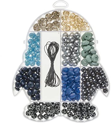 GLOREX 6 1630 331 - Perlenschmuck Set, in Aufbewahrungsbox Pinguin, 395 Stück, blau und silber sortiert, ideal geeignet zur Gestaltung von Schmuck, Armbändern, Halsketten, Accessoires und Dekoration