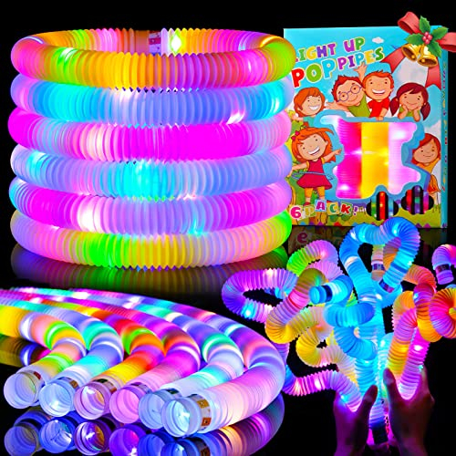 Mikulala 6 Pack Pop Tubes Lumineux Fidget Jouets Sensoriels de Tuyau pour Enfant Jouets Motricité Fine de Tout-Petit LED Bâtons Lumineux Party Favours Fournitures de Fête Lumineuses