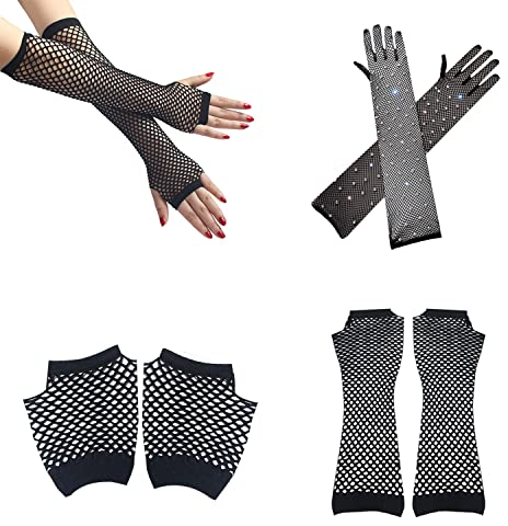 LSYYSL 3 Paar lange und kurze Netzhandschuhe, fingerlose Mesh-Vintage-Handschuhe, elastische Netzhandschuhe der 80er Jahre, Netzhandschuhe mit leuchtenden Diamanten für Themenpartys, Bars.