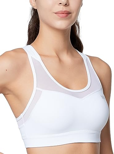 Yvette Sport BH Starker Halt Mesh Ringerrücken Große Brüste Ohne Bügel Gepolstert für Fitness Lauf Yoga,Weiß, XL