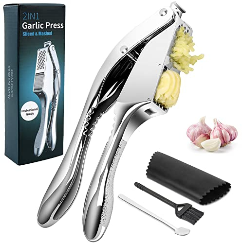 Knoblauchpresse Edelstahl, Yotako 2 in 1 Knoblauchpresse Knoblauchpüree und Knoblauchflocken, Knoblauchschneider mit Reinigungsbürste und Silikonschäler, Garlic Press für Knoblauch, Ingwer,Küchenhilfe