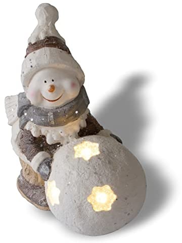 NATIV Weihnachtsdeko Schneemann mit LED beleuchteter Schneekugel | Weihnachtsschmuck aus Magnesia | Weihnachtsfigur 41 cm hoch | Tolle Geschenkidee zu Weihnachten
