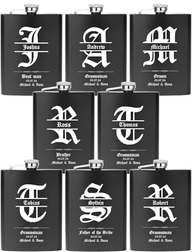 Juego de 8 regalos personalizados para padrinos de boda, petaca grabada de 8 onzas para padrinos de boda y padrinos de boda personalizados (negro)