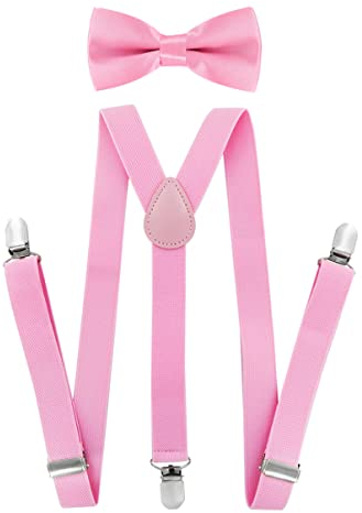 axy Kinder Jungen Hosenträger-Y Form 2,5cm breit mit Fliege - 3 Stabile Clips für Kinder 7-12 Jahre alt (Pink)