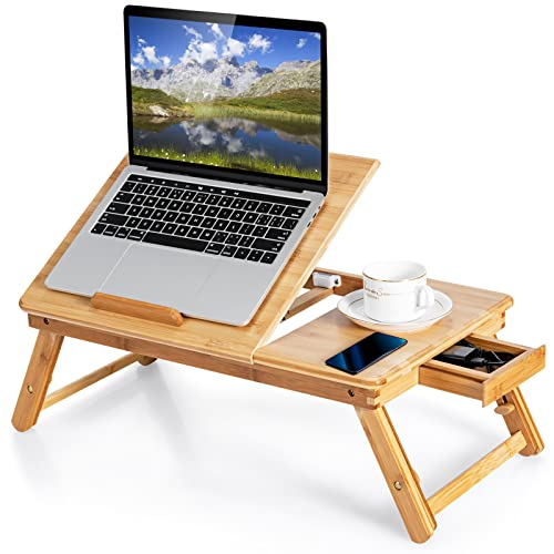CASART Bamboo Laptop Bed Table, Foldable Laptop Stand for Bed with Drawer & 4 Tilting Angles, Adjustable Laptop Desk Portable Bed Tray for Working Reading Writing Eating (Natural)