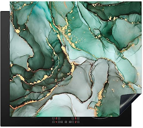 KitchenYeah© Herdabdeckplatte Einteilig Ceranfeld Abdeckplatte Küche Deko Ceranfeldabdeckung Herdabdeckung Induktionsmatte Gold - Marmor - Grün - Luxus - Marmoroptik - Grau - 59x51 cm