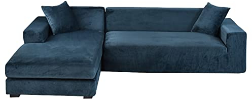 GUYIRT Samt Sofabezug L Form, 2-teiliger Stretch L Form Sofa überzug rutschfest Couchbezug L Form Weicher Möbelschutz Für Ecksofa -Navy blau-3+2 Sitzer