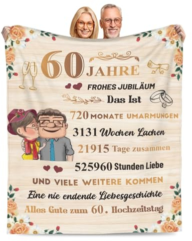 Adolgutty Diamantene Hochzeit Geschenk, 60 Jahre Ehe Hochzeitstag Geschenke Decke für Frauen Männer Paare, Jahrestag Liebe Geschenkidee für Ihn Sie, Superweiche Fleecedecke 130x150cm