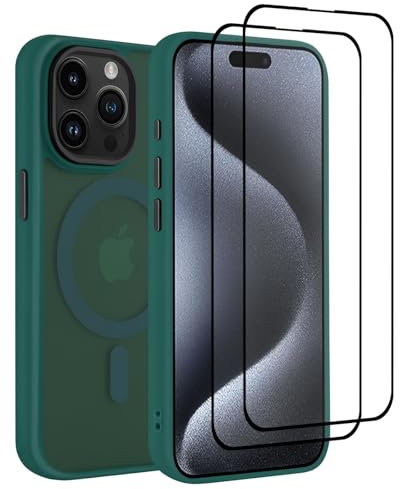 32nd Coque magnétique pour iPhone 15 (6,1) Compatible avec MagSafe + 2 protecteurs d'écran, Coque de Protection arrière Fine Antichoc - Vert foncé