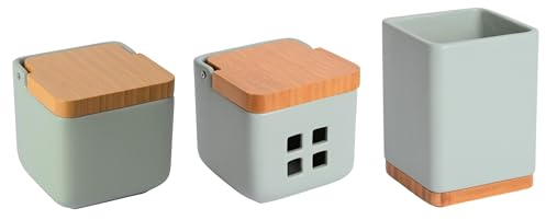 KOOK TIME Set de accesorios cocina - incluye salero de cocina, porta utensilios de cocina y bote de ajos - bote para ajos y salero de cocina con tapa de bambú - Cerámica verde salvia mate y bambú