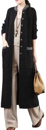 HGJH Women's Long Cardigans,Elegant Oversized Button Open Front Coat Loose Cable Knit Cardigan Sweater Casual Transition Jacket Kimono Cardigan Coat Outwear Autumn Winter,Black,M