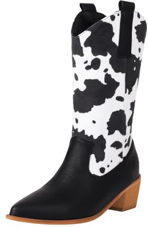 ErikenUrben Al Polpaccio Stivali Western Donna Cow Print Western Stivali Stacked Cowgirl Stivali Western Style Stivali Alti Black Taglia 34 Asiatico