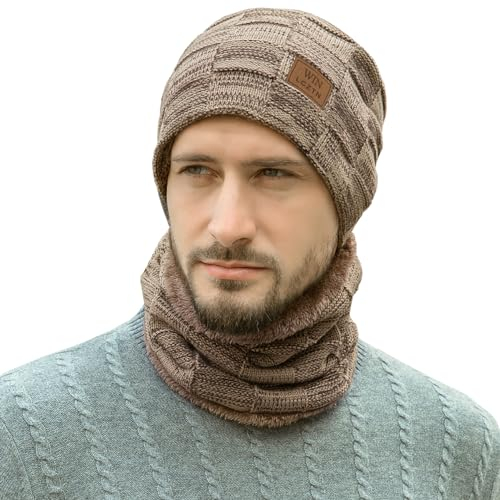 Mens Winter Beanie Hat Scarf Set Warm Fleece Lined Knit Ski Hats Slouchy Skull Cap for Unisex Gift Brown