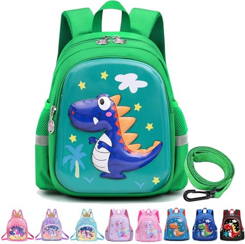 YOUYIKE Dino Rucksack Kindergarten, 3D Grün Dino rucksack kinder mit Anti-verlorenes Seil, Kita Rucksack, Kindergartenrucksack für Jungen im Alter von 2 bis 5 Jahren