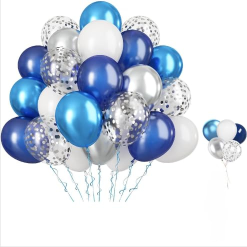 Luftballons Blau Weiss Silber, 60 Stück Metallic Blau Weiß Silber Party Ballons,100% Naturlatex, Geruchlos,Luftballons Geburtstag,12 Zoll Latex ballon für Kinder Geburtstag Hochzeit Baby Shower Party