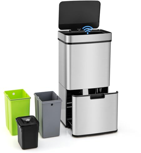 COSTWAY Poubelle Cuisine Automatique 72L en Acier Inox avec réservoir scellée 3,5L, Poubelle Tri Selectif 2 x 11L Seaux Amovibles, Cerclage, Anti-Empreintes, Anti-pinçage, Interrupteur