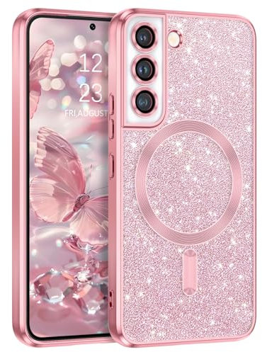 DUEDUE Cover Magnetica per Samsung Galaxy S22 6.1[Compatibile con MagSafe], Custodia per Samsung S22 Case Glitter Sottile Lucida TPU Silicone Anti-Scivolo, Ricarica Wirelesse, Rosa