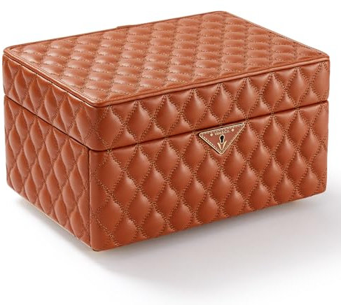 Vee Schmuckkästchen,Schmuckkasten Diamant gestepptes Leder Schmuckbox,Schmuckaufbewahrung mit großer Spiegel,viel Stauraum,abschließbar,Geschenkidee(Braun, Mittel-30 * 21.8 * 17.7cm)