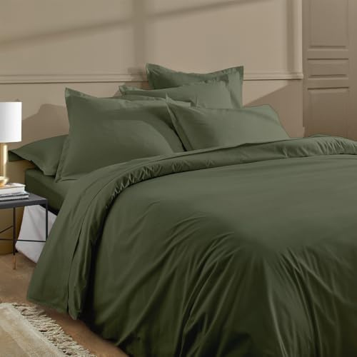 Duquennoy & Lepers – Parure de Lit 2 Personnes 240x220 CM et 2 Taies – Percale 80 Fils 100% Coton Qualité Hôtel – Housse de Couette Grand Lit Finition Rabat – Oeko-TEX® Made in Green – Uni Kaki