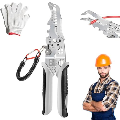 Multifunctional Elbow Wire Stripping Pliers with A Spring Keychain, Multifunctional Wire Stripper Crimper Cable Cutter Pliers for Cutting Stripping Shearing (#1)