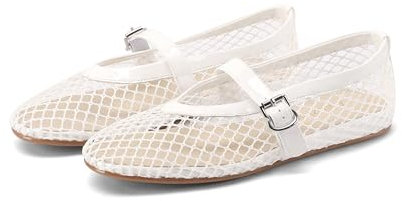 MIRAAZZURRA Ballerines plates pour femme - Ballerines en filet - Sandales plates avec sangle à boucle réglable, Blanc., 41 EU