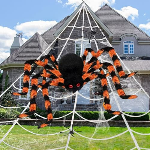 ZHSDUEWN Halloween Decorations Spider Web, 50'' Giant Spider 200'' Triangular Cobweb and 40G Spider Web, Halloween Decor for Outdoor Indoor Garden Haunted House Props with Gutter Hook Ground Stakes