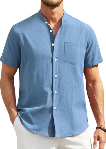 Enlision Mens Blue Linen Shirts Short Sleeve Grandad Shirts for Men Cotton Summer Casual Collarless Henley Top Cheesecloth Roll Up for Holiday Party XXL