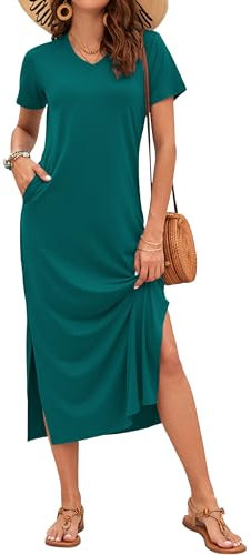 AUSELILY Summer Dress for Women Short Sleeve Maxi Beach Dress V Neck Sundress with Pockets Elegant Dresses Green M
