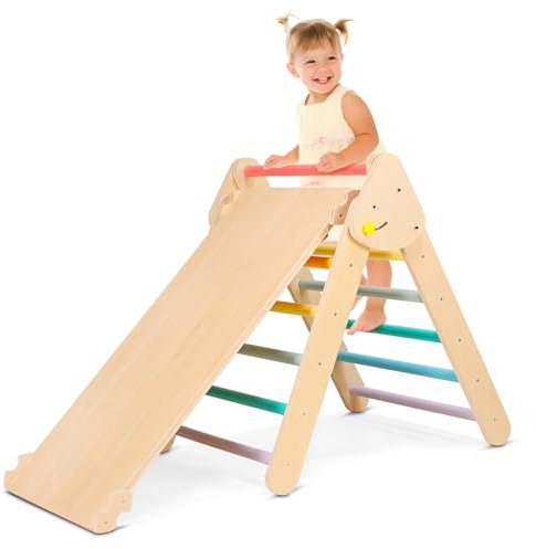 nmoiww 2-in-1 Klettergerüst für Kleinkinder,Faltbares Holz Klettern Spielzeug Indoor Outdoor Set, Outdoor & Indoor Rutsche für Kletterdreieck, Indoor Spielplatz 1-3 Jahre
