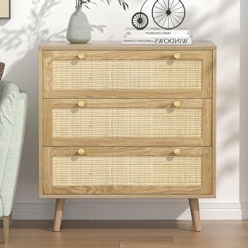 Yvsevnr Natürliches Rattan Kommode Schlafzimmer, Kommode mit 3 Schubladen Eiche, Viel Stauraum, Holz Schubladenkommode für Schlafzimmer Wohnzimmer Flur Komodenschrank