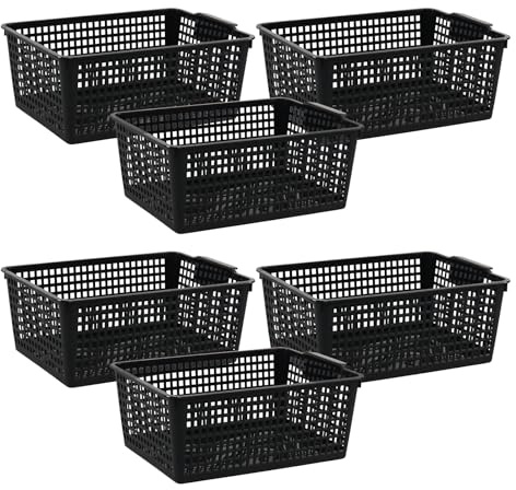 Uumitty 6 Pack Large Rectangular Storage Basket, Plastic Storage Bin, Black | 36.5 x 26 x 14.2 cm, Open Bins with Handles, Closet, Pantry, Office, Toy and Shelf Organizer